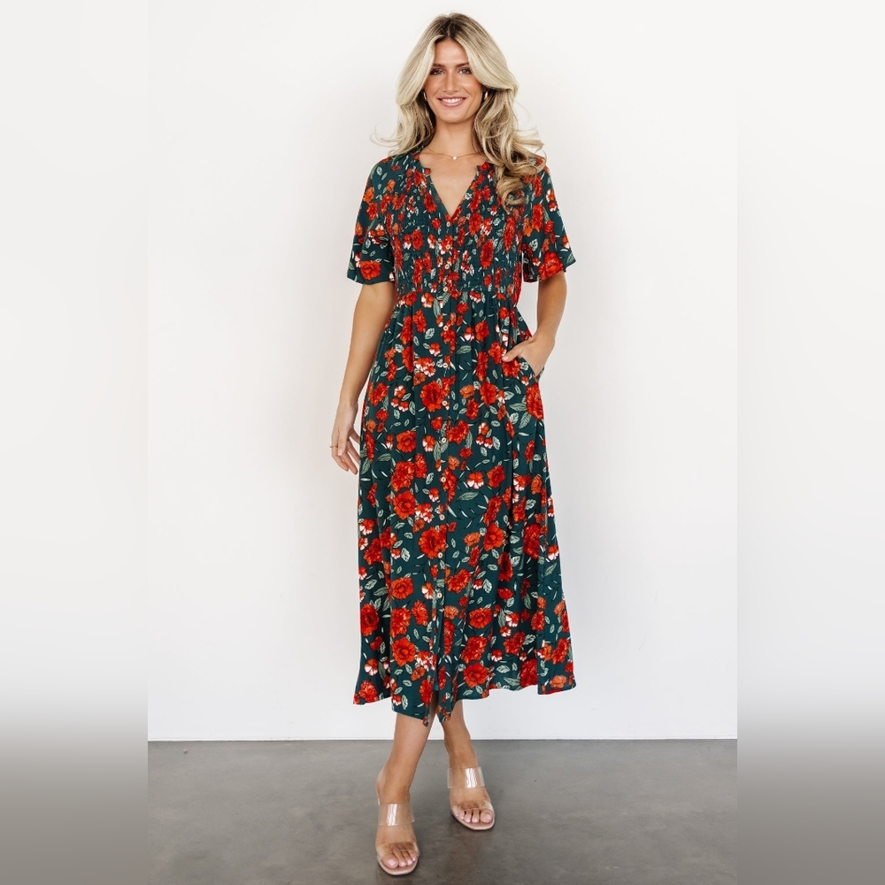Baltic Born Floral Midi Dress - Green and Red